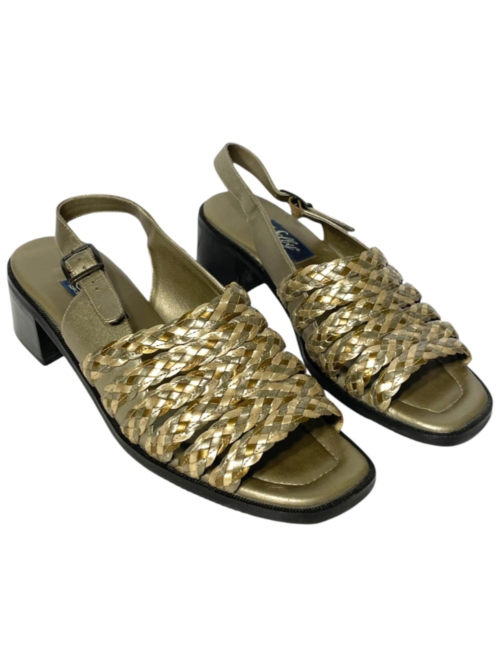 Y2K Leather Braided Sandals 9.5 Metallic Silver Pewter Block Heel Slingback